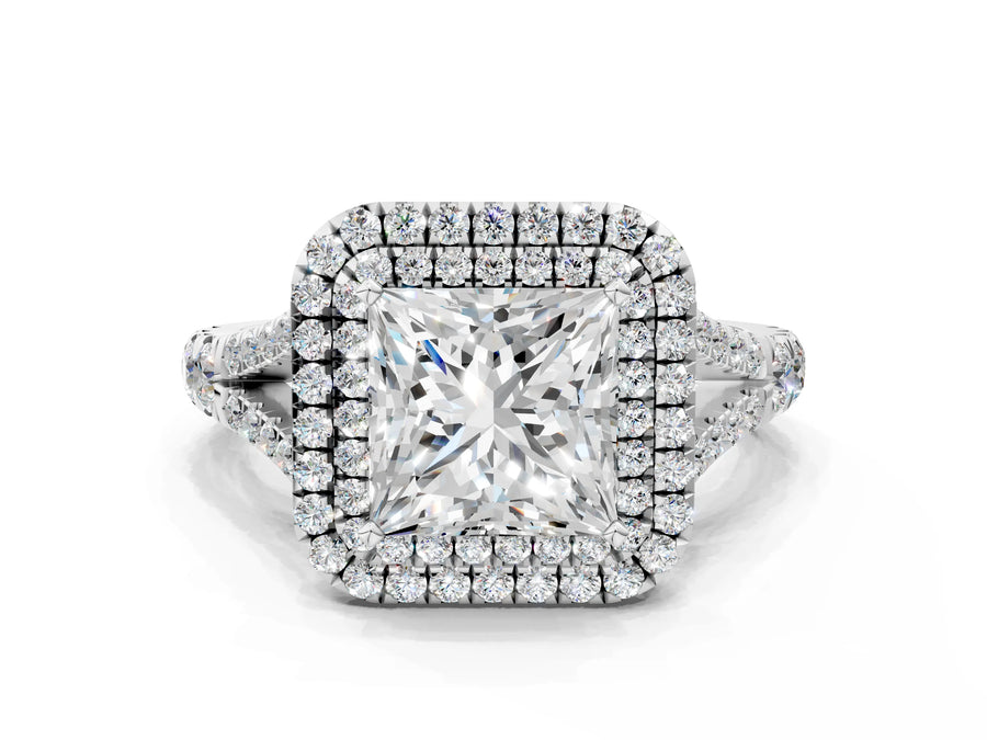 White gold Princess Cut Diamond Double Halo Ring with Split Shank and Prong Setting
