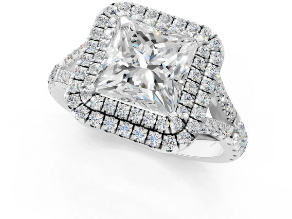 White gold Princess Cut Diamond Double Halo Ring with Split Shank and Prong Setting