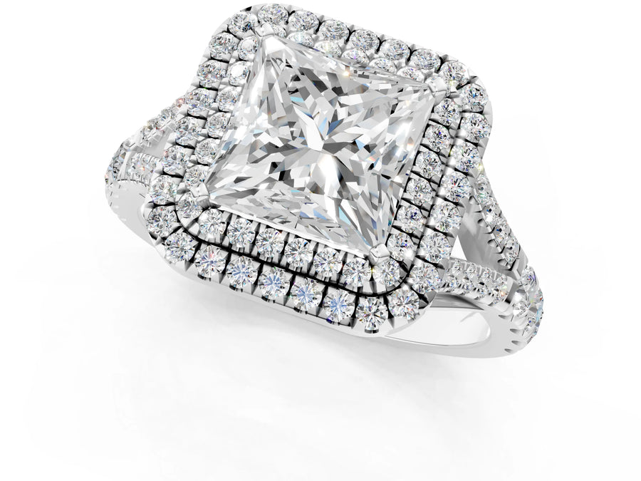 White gold Princess Cut Diamond Double Halo Ring with Split Shank and Prong Setting