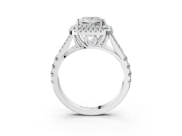 White gold Princess Cut Diamond Double Halo Ring with Split Shank and Prong Setting