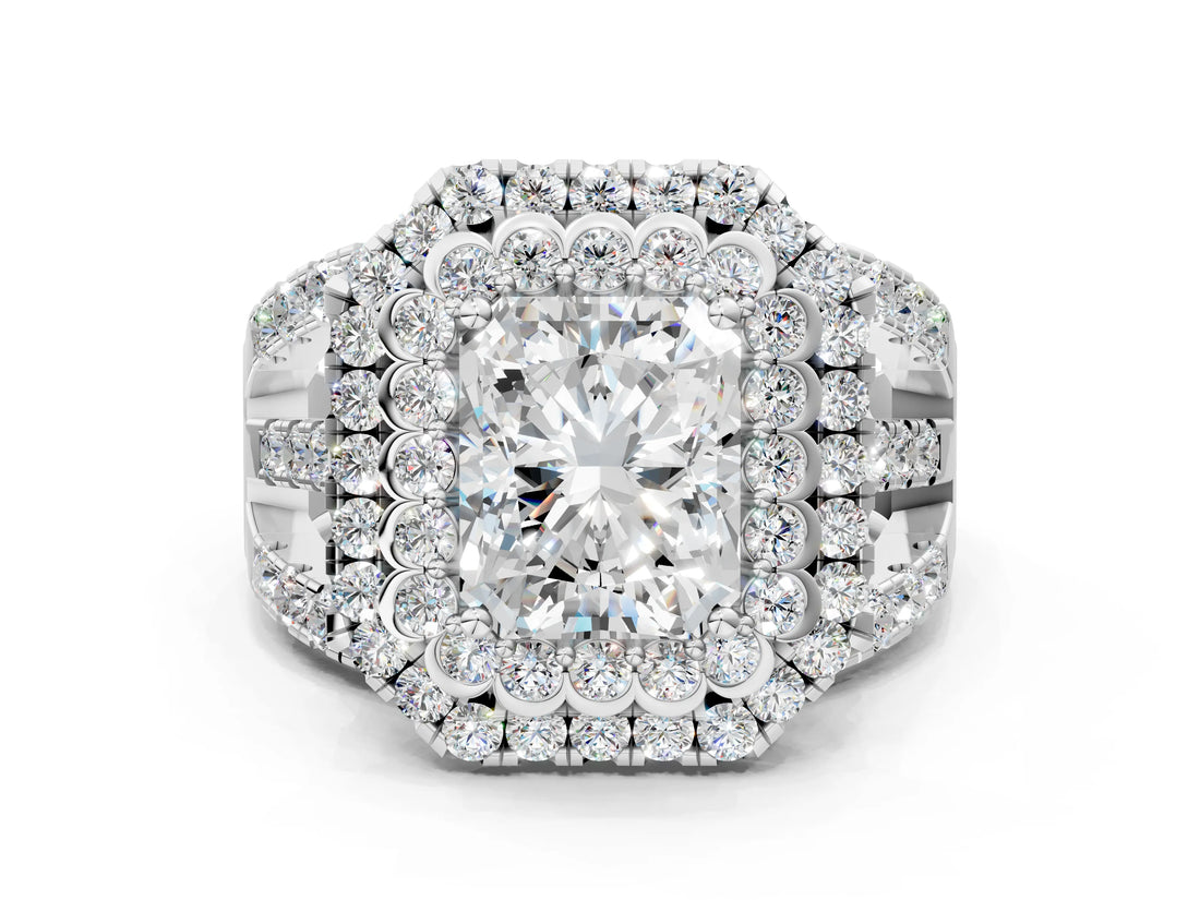 White gold Double Halo Radiant Cut Diamond Split Shank Pave Set Ring_3