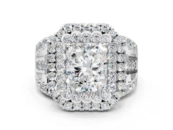 White Gold Radiant Cut Scalloped Double Halo Engagement Ring Setting