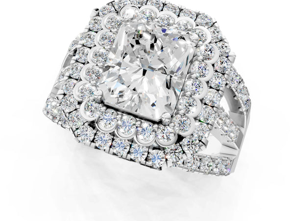 White Gold Radiant Cut Scalloped Double Halo Engagement Ring Setting