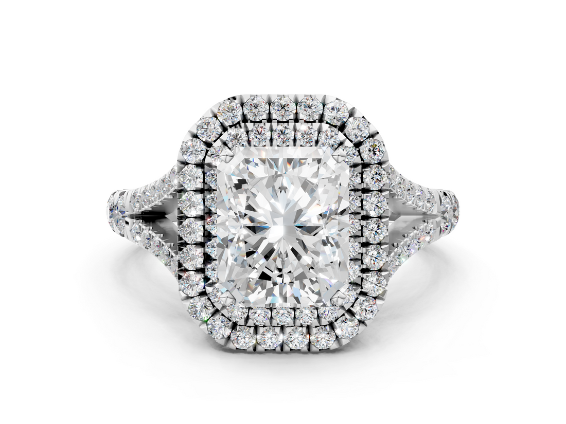 White gold Double Halo Radiant Cut Diamond Split Shank Ring with Four Prong Setting_43