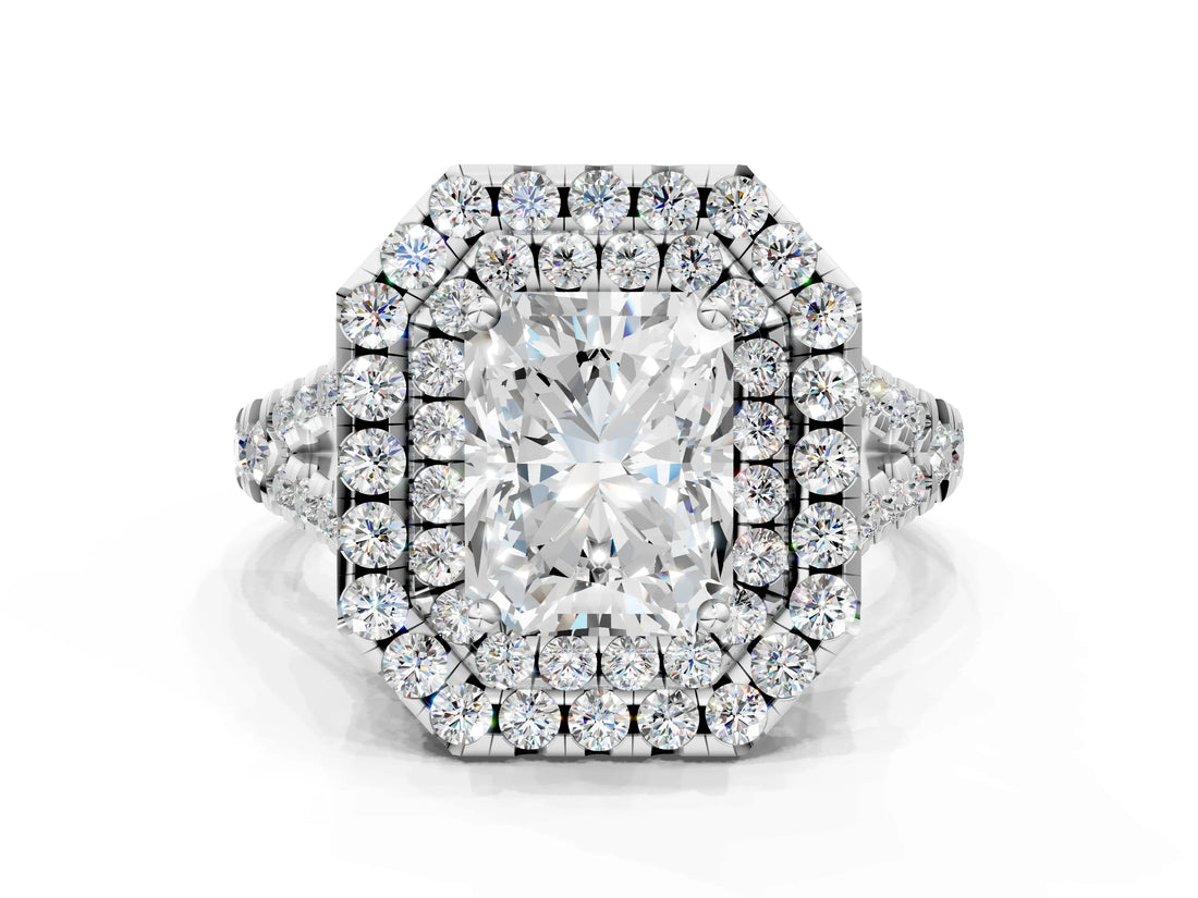 White gold Double Halo Radiant Cut Pave Split Shank Prong Set Ring_15