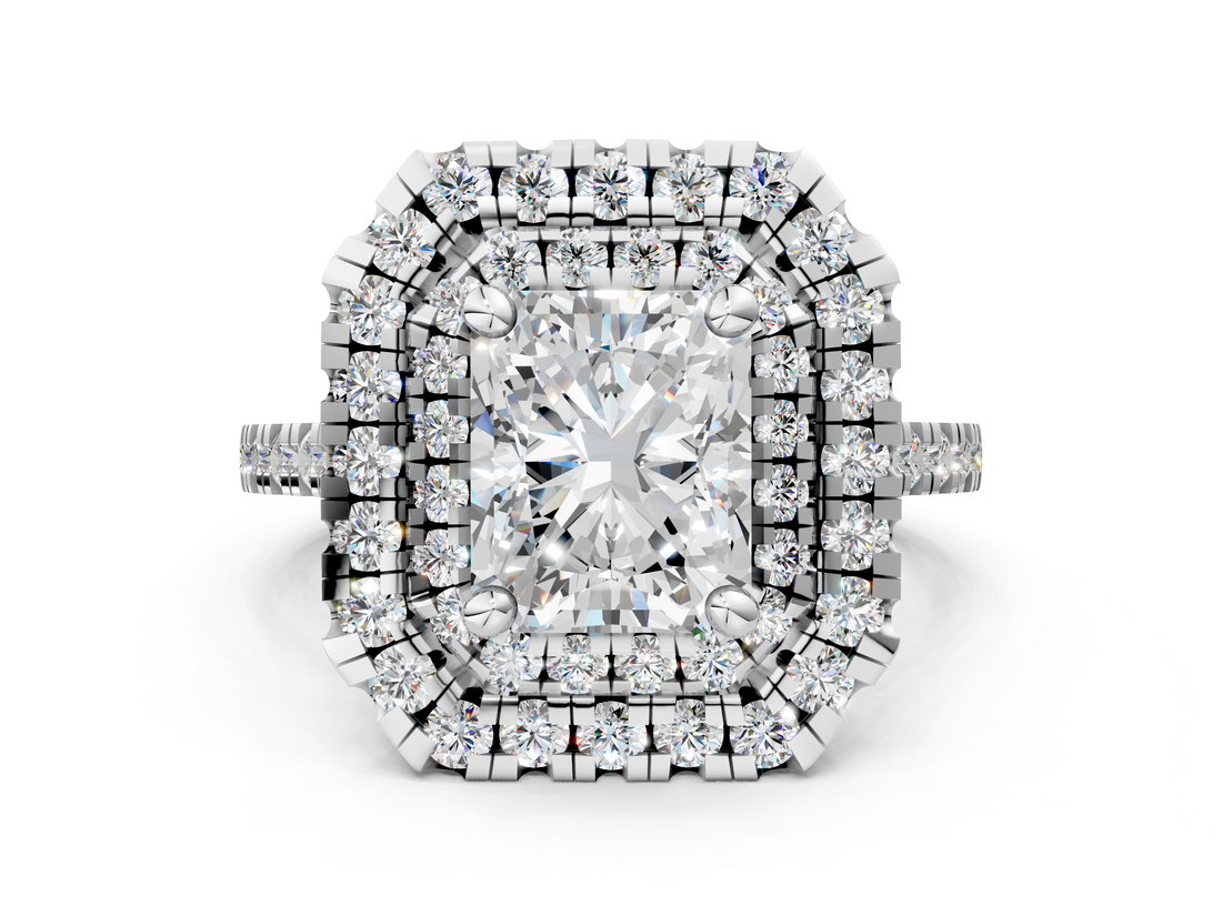 White gold Double Halo Radiant Diamond Pave Band with Four-Prong Setting_70