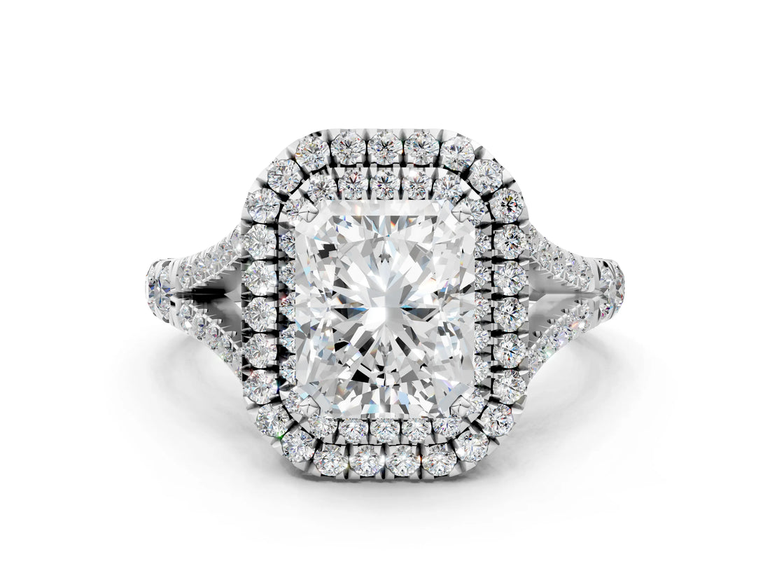 White gold Double Halo Radiant-Shaped Split Shank Diamond Ring with Prong Setting_20