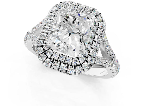 White gold Radiant Cut Diamond Double Halo Ring with Split Shank and Prong Setting