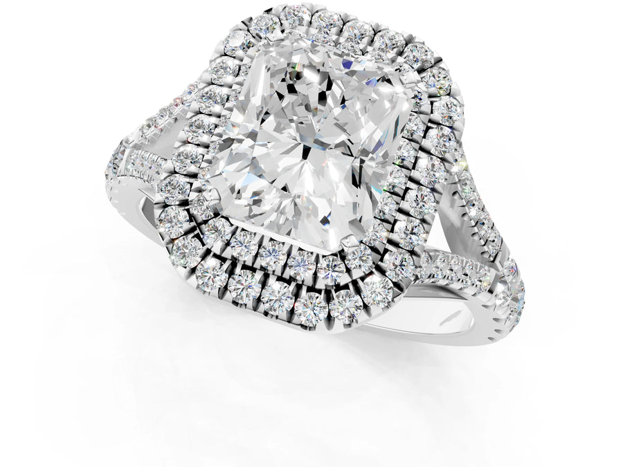 White gold Radiant Cut Diamond Double Halo Ring with Split Shank and Prong Setting