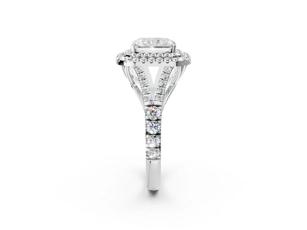 White gold Radiant Cut Diamond Double Halo Ring with Split Shank and Prong Setting
