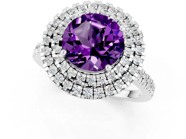 Platinum Double Halo Round Cut Amethyst Pavé Band with Four-Prong Setting