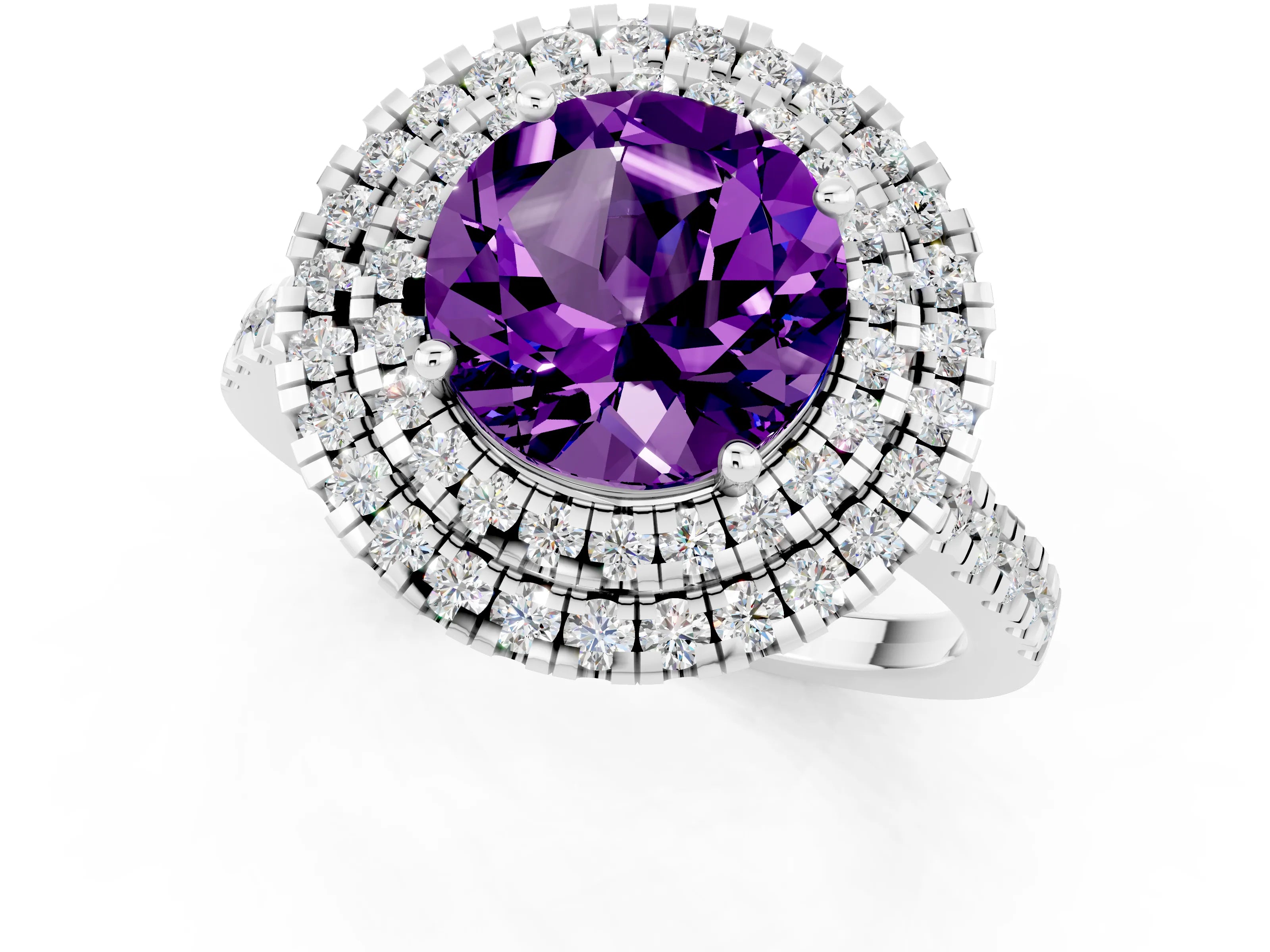 White gold Double Halo Round Cut Amethyst Pavé Band with Four-Prong Setting_1