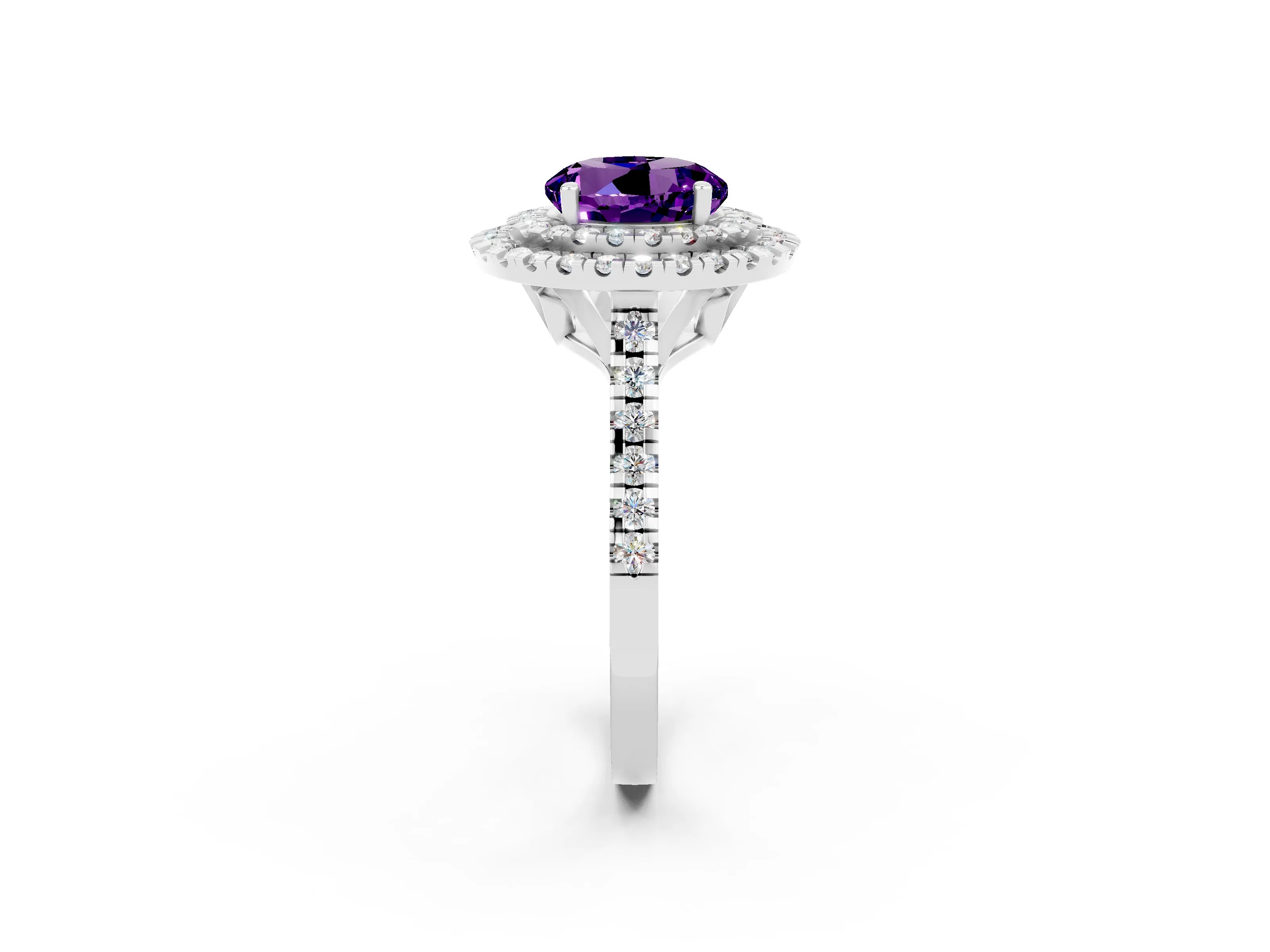 White gold Double Halo Round Cut Amethyst Pavé Band with Four-Prong Setting_2