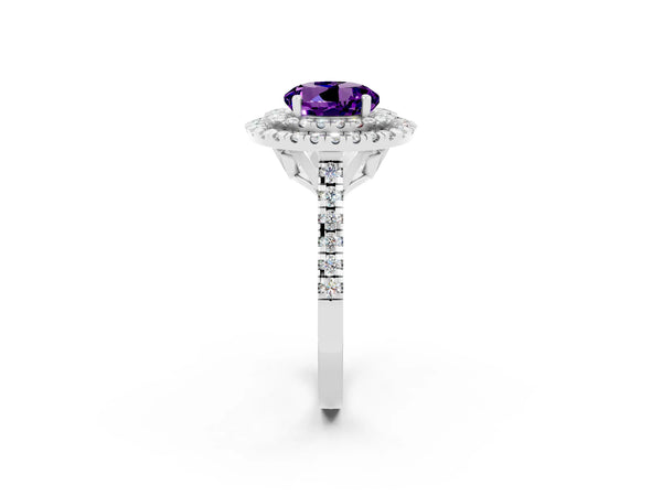 Silver Double Halo Round Cut Amethyst Pavé Band with Four-Prong Setting