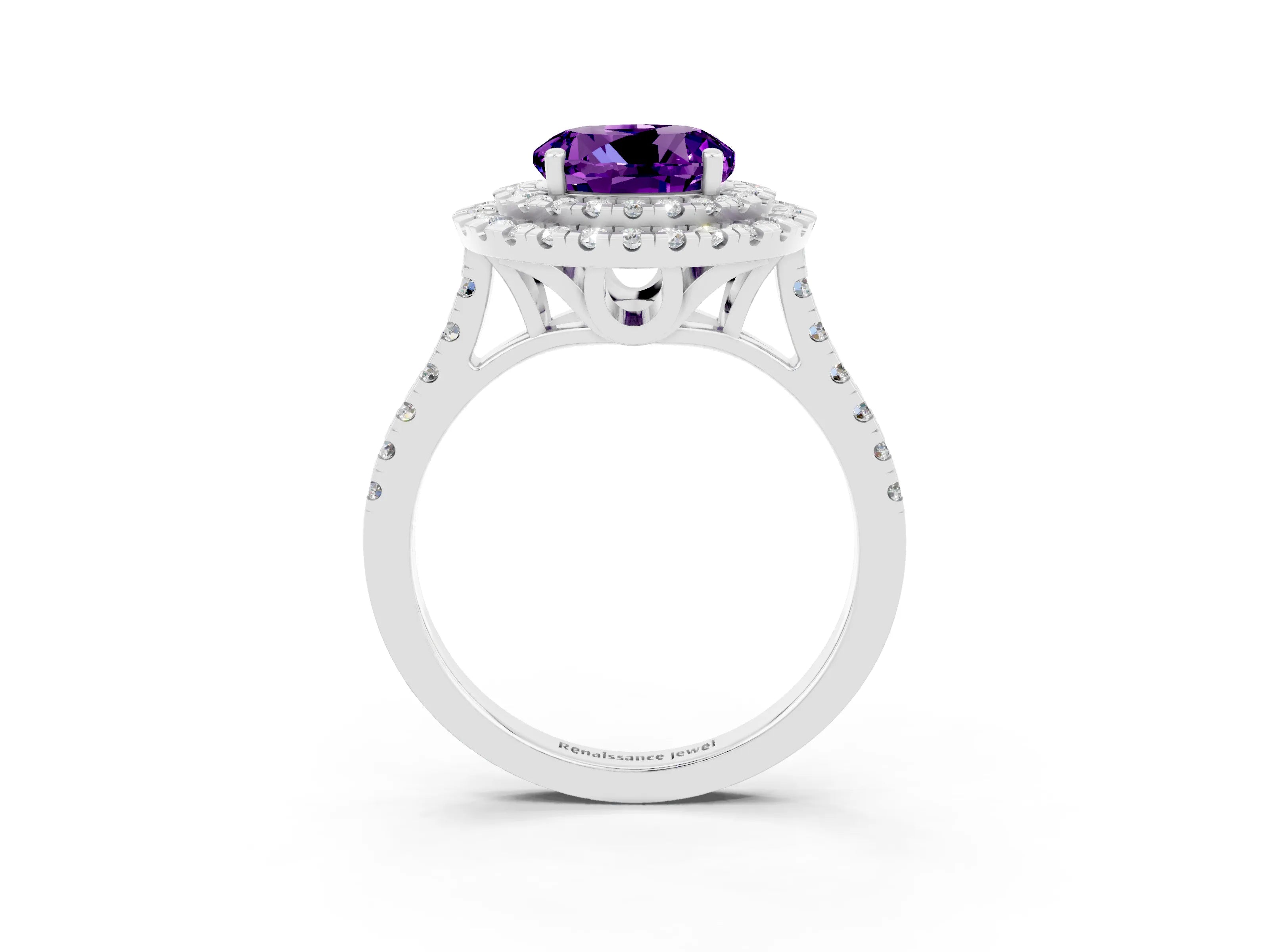 White gold Double Halo Round Cut Amethyst Pavé Band with Four-Prong Setting_3