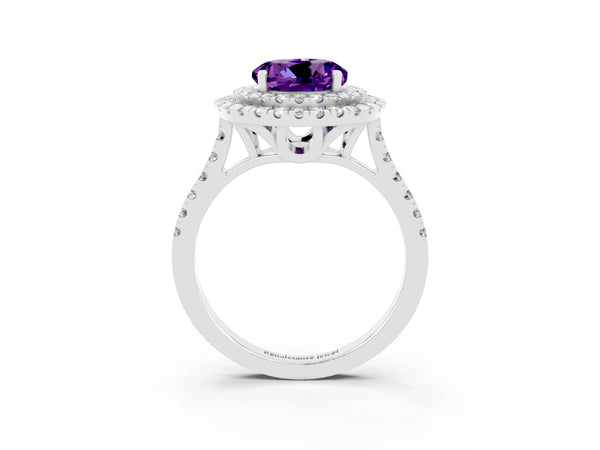 Silver Double Halo Round Cut Amethyst Pavé Band with Four-Prong Setting