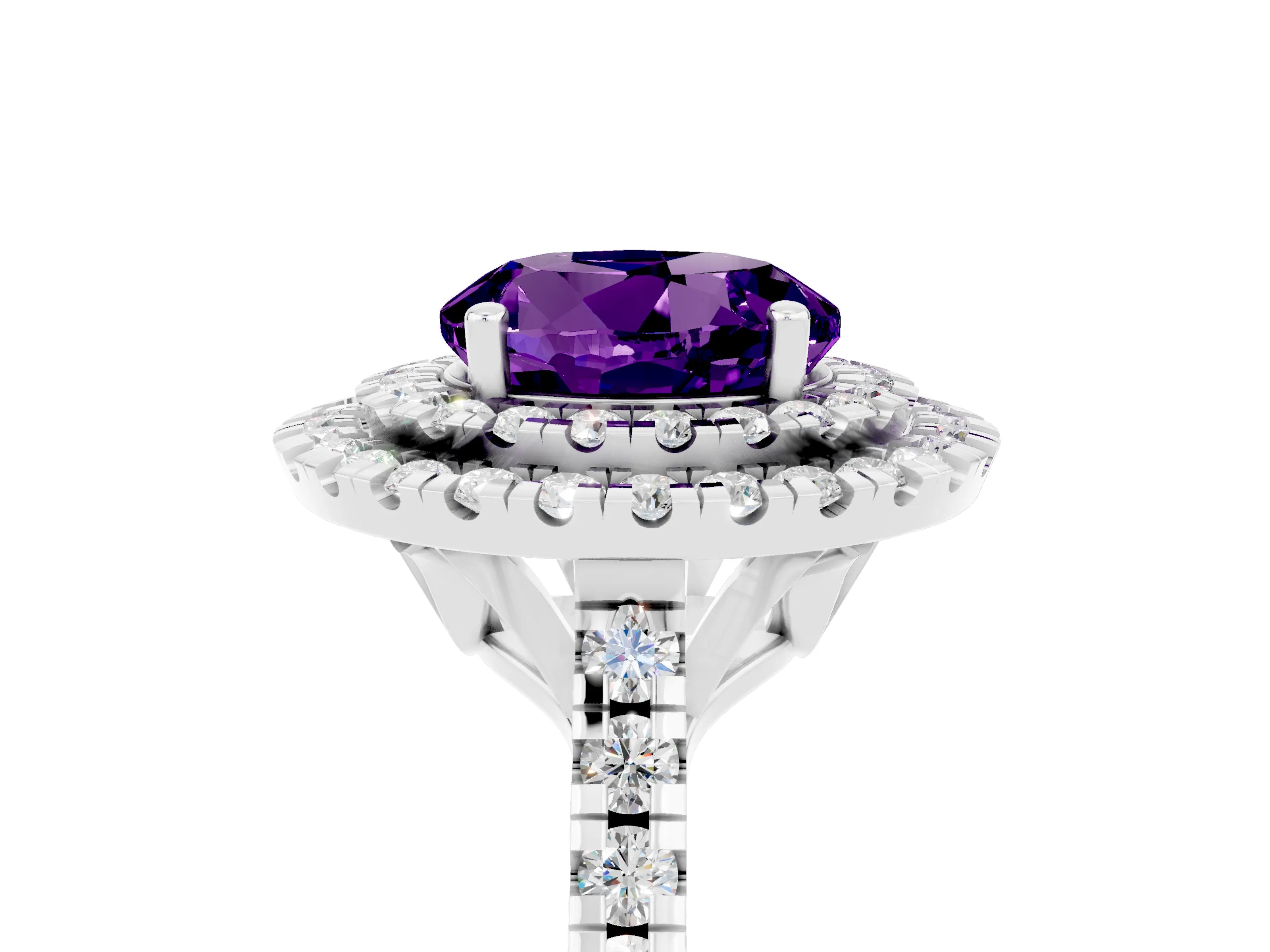 White gold Double Halo Round Cut Amethyst Pavé Band with Four-Prong Setting_5