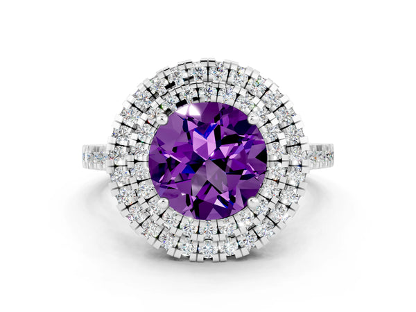Silver Double Halo Round Cut Amethyst Pavé Band with Four-Prong Setting
