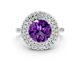 White gold Double Halo Round Cut Amethyst Pavé Band with Four-Prong Setting