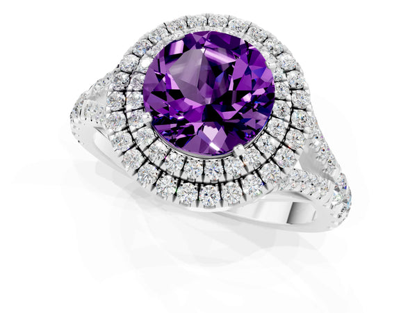 Platinum Double Halo Round Cut Amethyst Pavé Split Shank Ring with Prong Setting