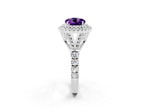 Platinum Double Halo Round Cut Amethyst Pavé Split Shank Ring with Prong Setting