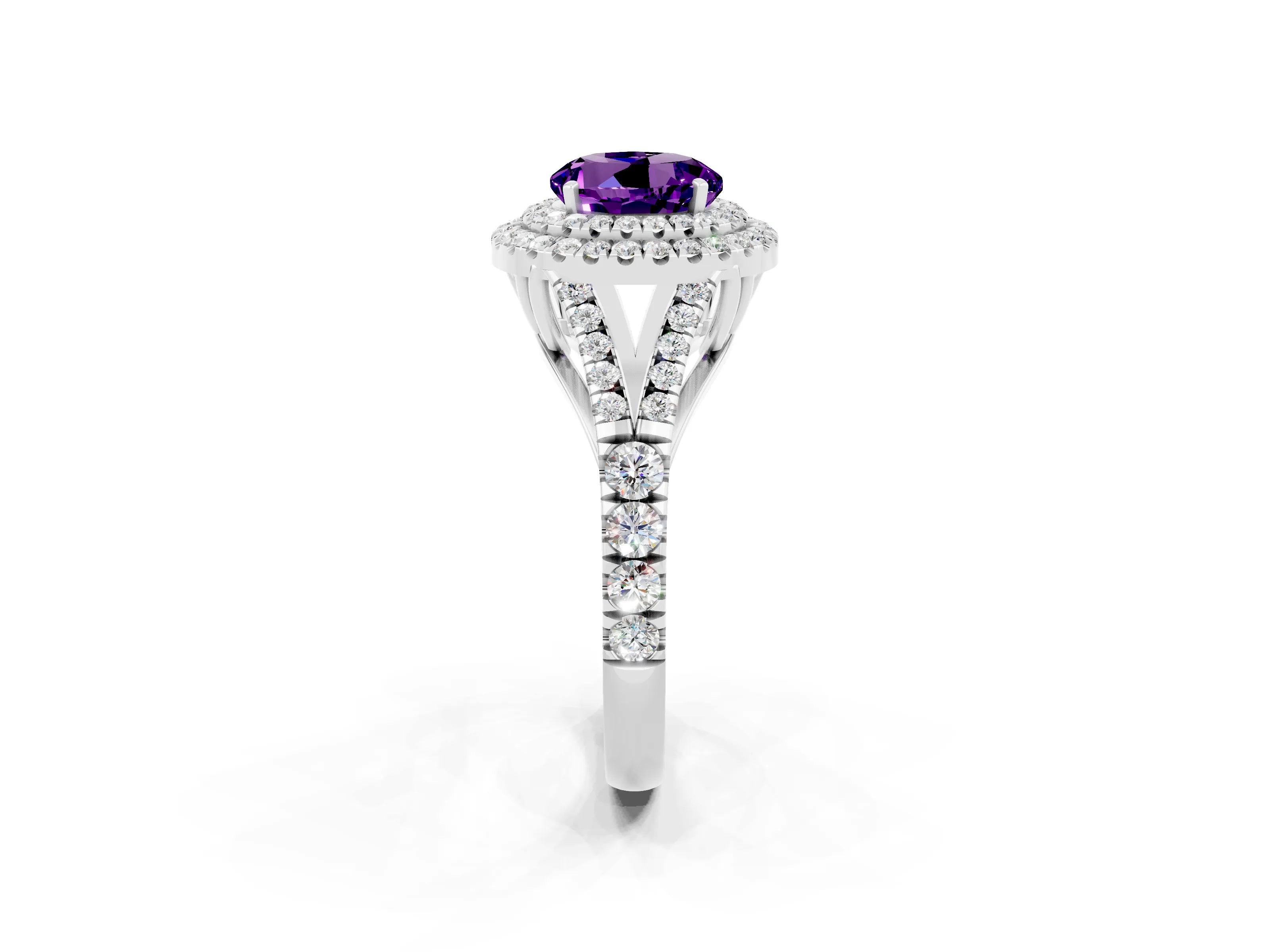 White gold Double Halo Round Cut Amethyst Pavé Split Shank Ring with Prong Setting_2