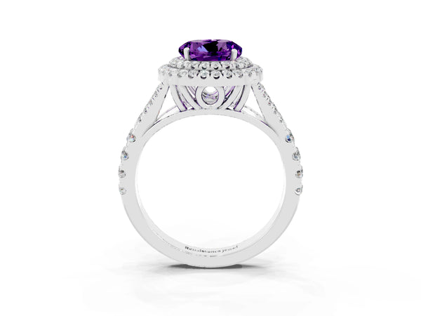 Silver Double Halo Round Cut Amethyst Pavé Split Shank Ring with Prong Setting