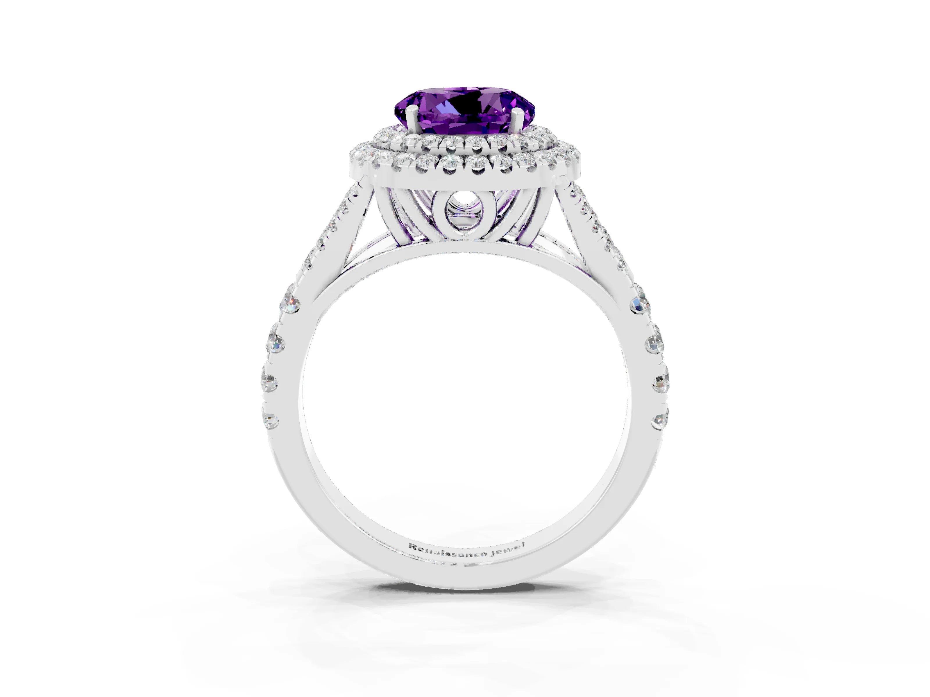 White gold Double Halo Round Cut Amethyst Pavé Split Shank Ring with Prong Setting_3