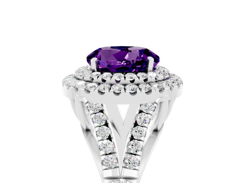 White gold Double Halo Round Cut Amethyst Pavé Split Shank Ring with Prong Setting_5