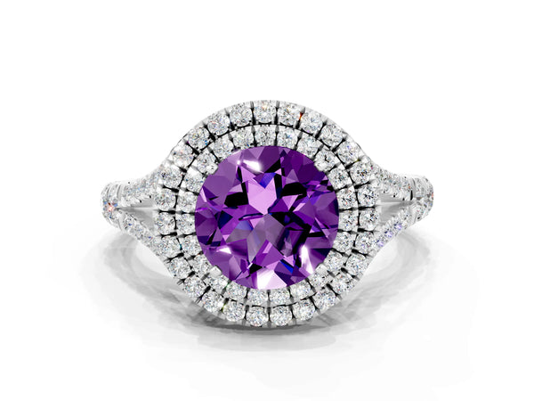 Silver Double Halo Round Cut Amethyst Pavé Split Shank Ring with Prong Setting