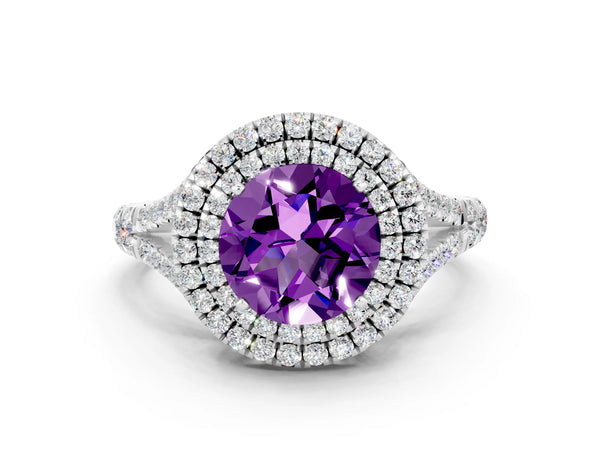 Platinum Double Halo Round Cut Amethyst Split Shank Engagement Ring with Four-Prong Setting