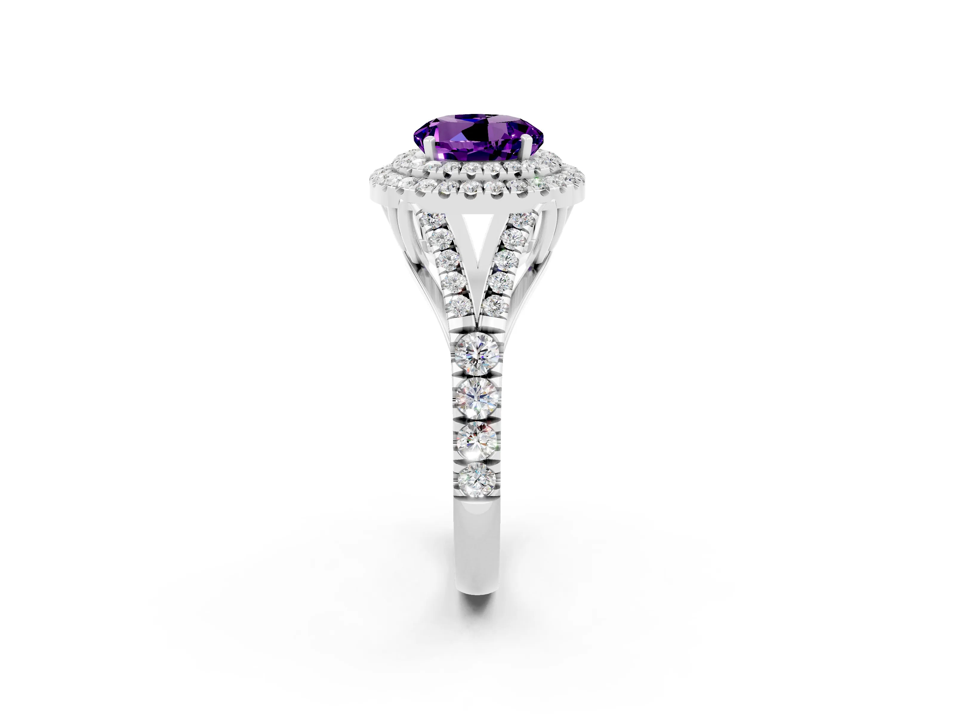 White gold Double Halo Round Cut Amethyst Split Shank Engagement Ring with Four-Prong Setting_2