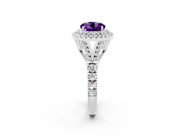 Platinum Double Halo Round Cut Amethyst Split Shank Engagement Ring with Four-Prong Setting