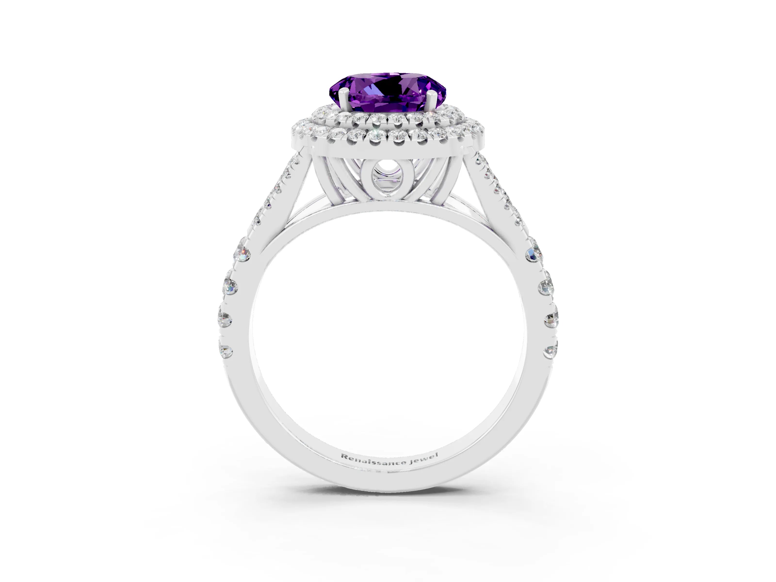 White gold Double Halo Round Cut Amethyst Split Shank Engagement Ring with Four-Prong Setting_3