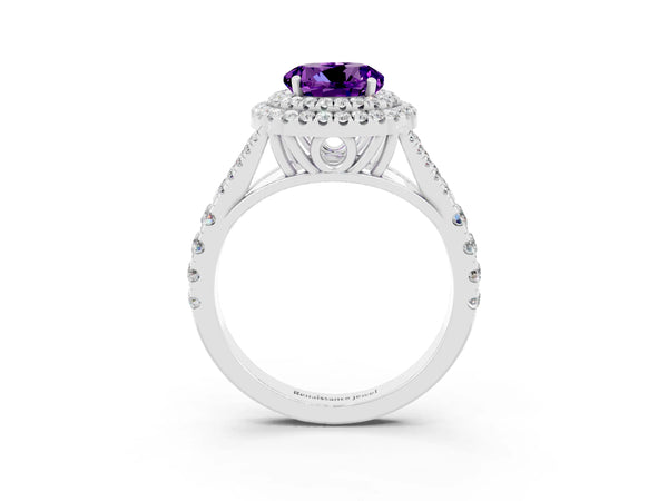 Silver Double Halo Round Cut Amethyst Split Shank Engagement Ring with Four-Prong Setting