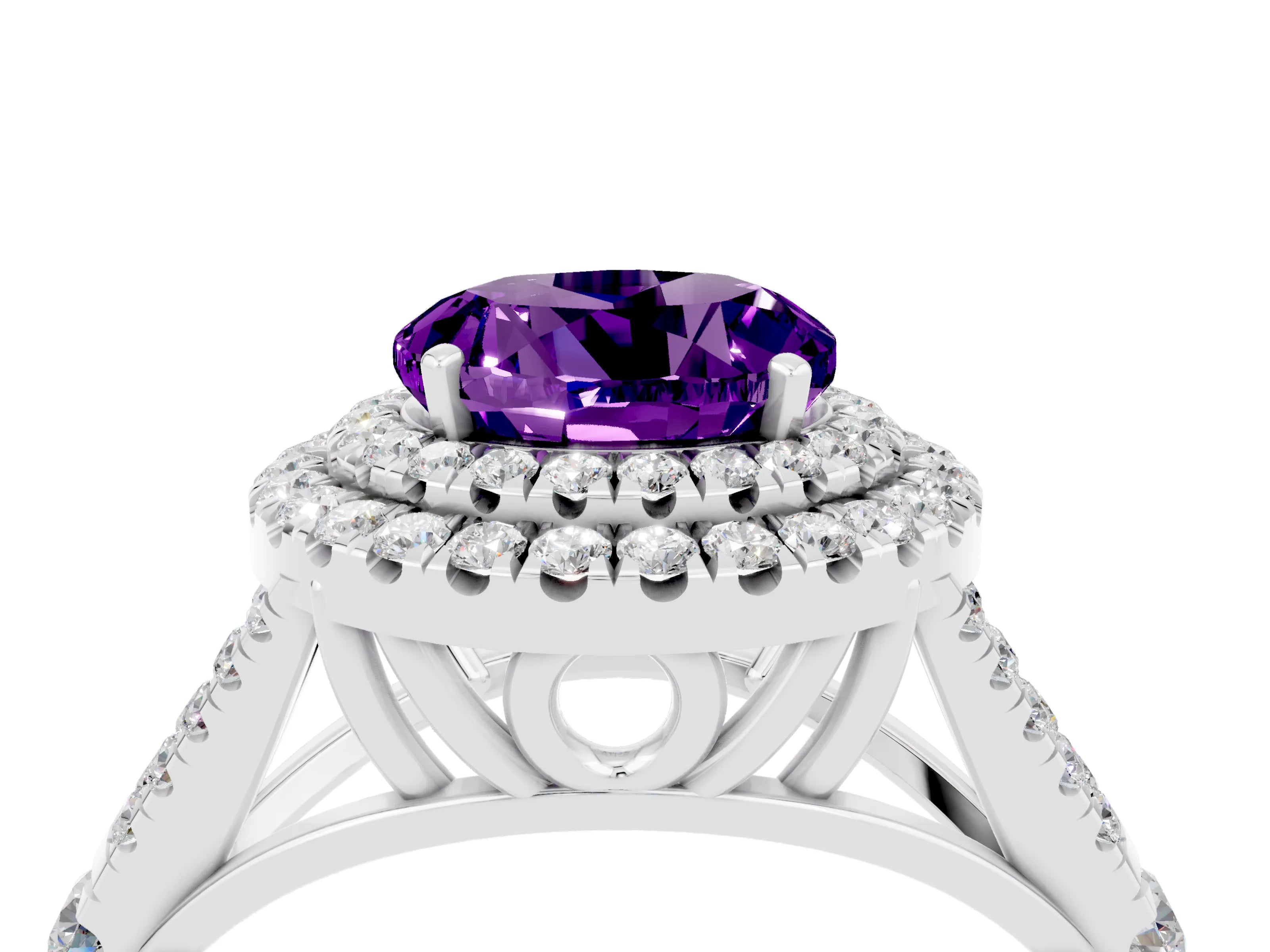 White gold Double Halo Round Cut Amethyst Split Shank Engagement Ring with Four-Prong Setting_4