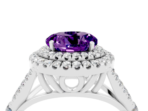 White gold Double Halo Round Cut Amethyst Split Shank Engagement Ring with Four-Prong Setting_4