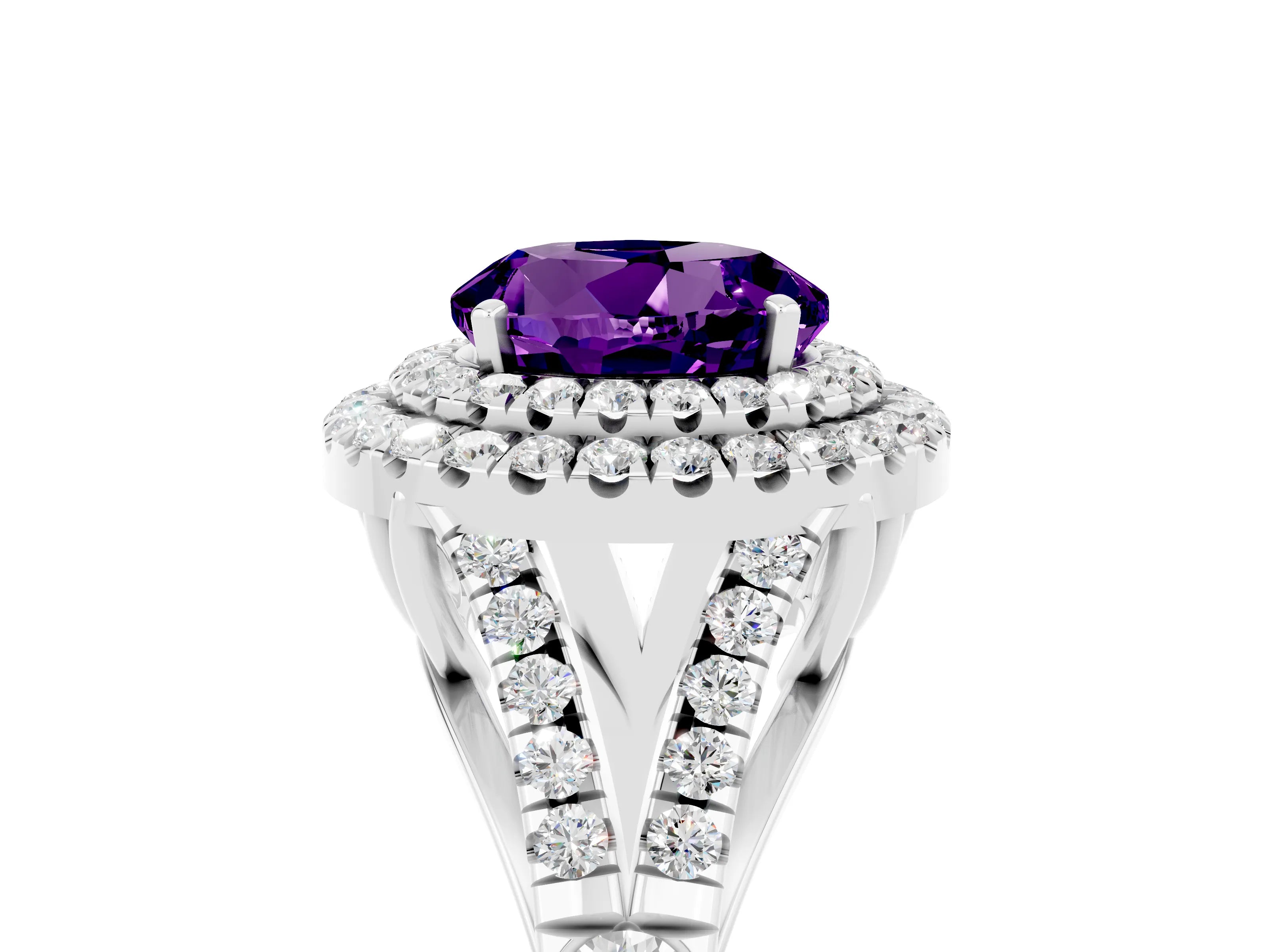 White gold Double Halo Round Cut Amethyst Split Shank Engagement Ring with Four-Prong Setting_5