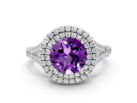 White gold Double Halo Round Cut Amethyst Split Shank Engagement Ring with Four-Prong Setting