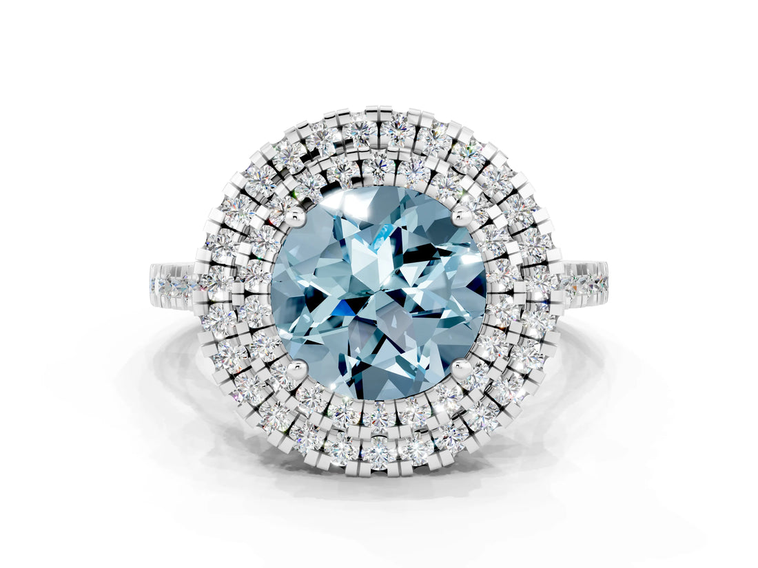 White gold Double Halo Round Cut Aquamarine Pavé Band with Four-Prong Setting