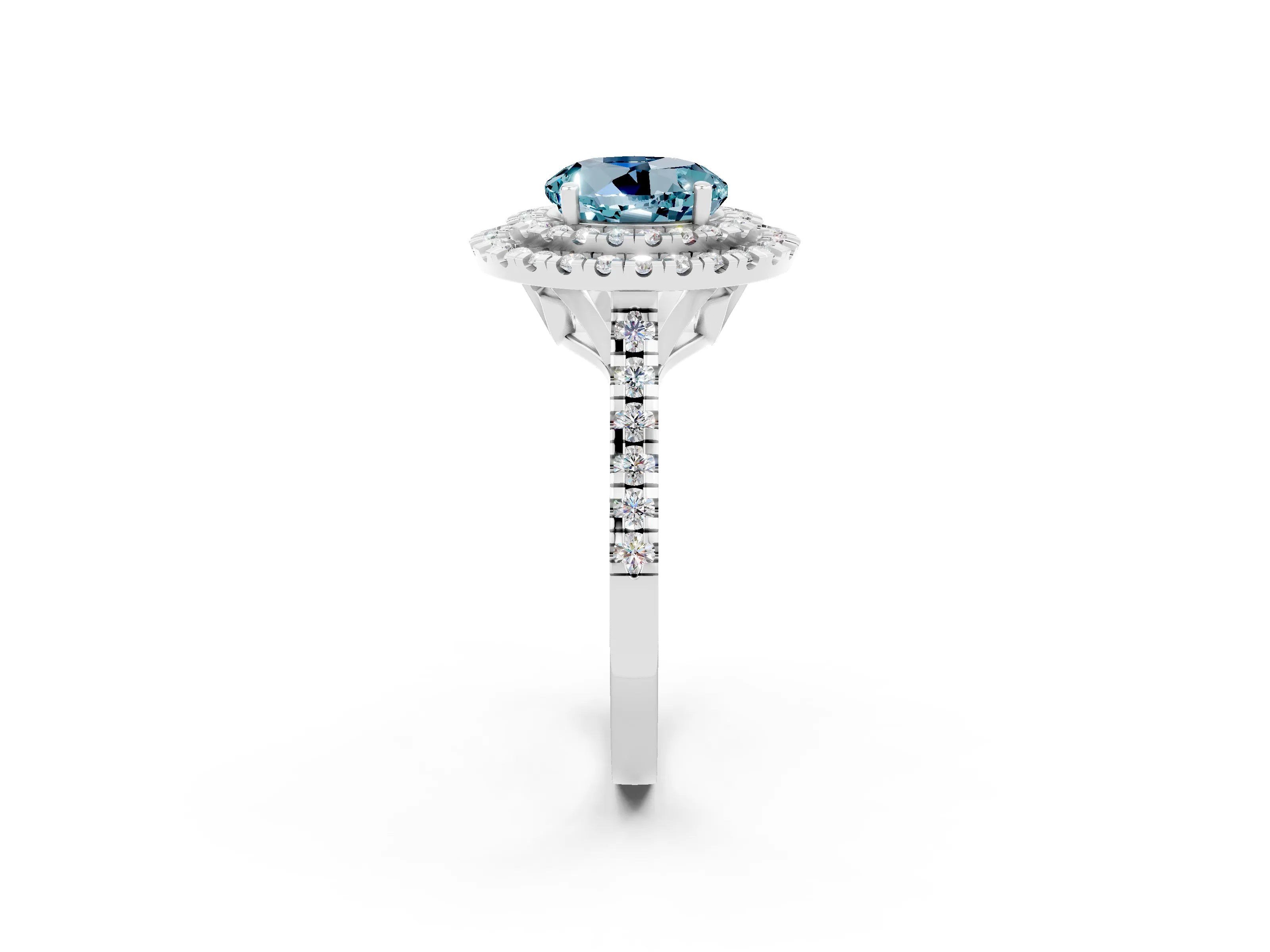 White gold Double Halo Round Cut Aquamarine Pavé Band with Four-Prong Setting_2