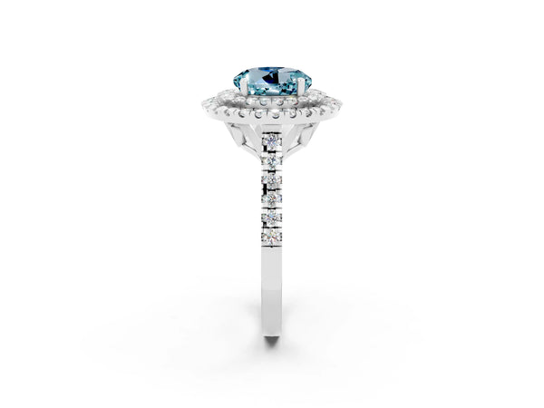 White gold Double Halo Round Cut Aquamarine Pavé Band with Four-Prong Setting