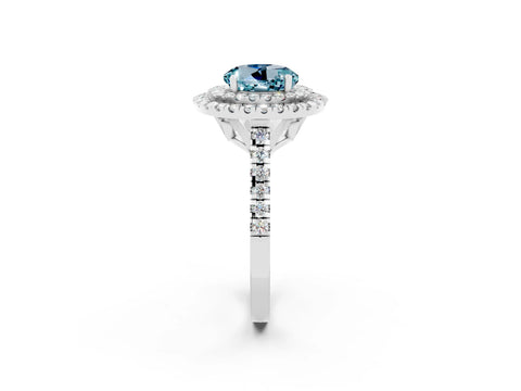 White gold Double Halo Round Cut Aquamarine Pavé Band with Four-Prong Setting_2