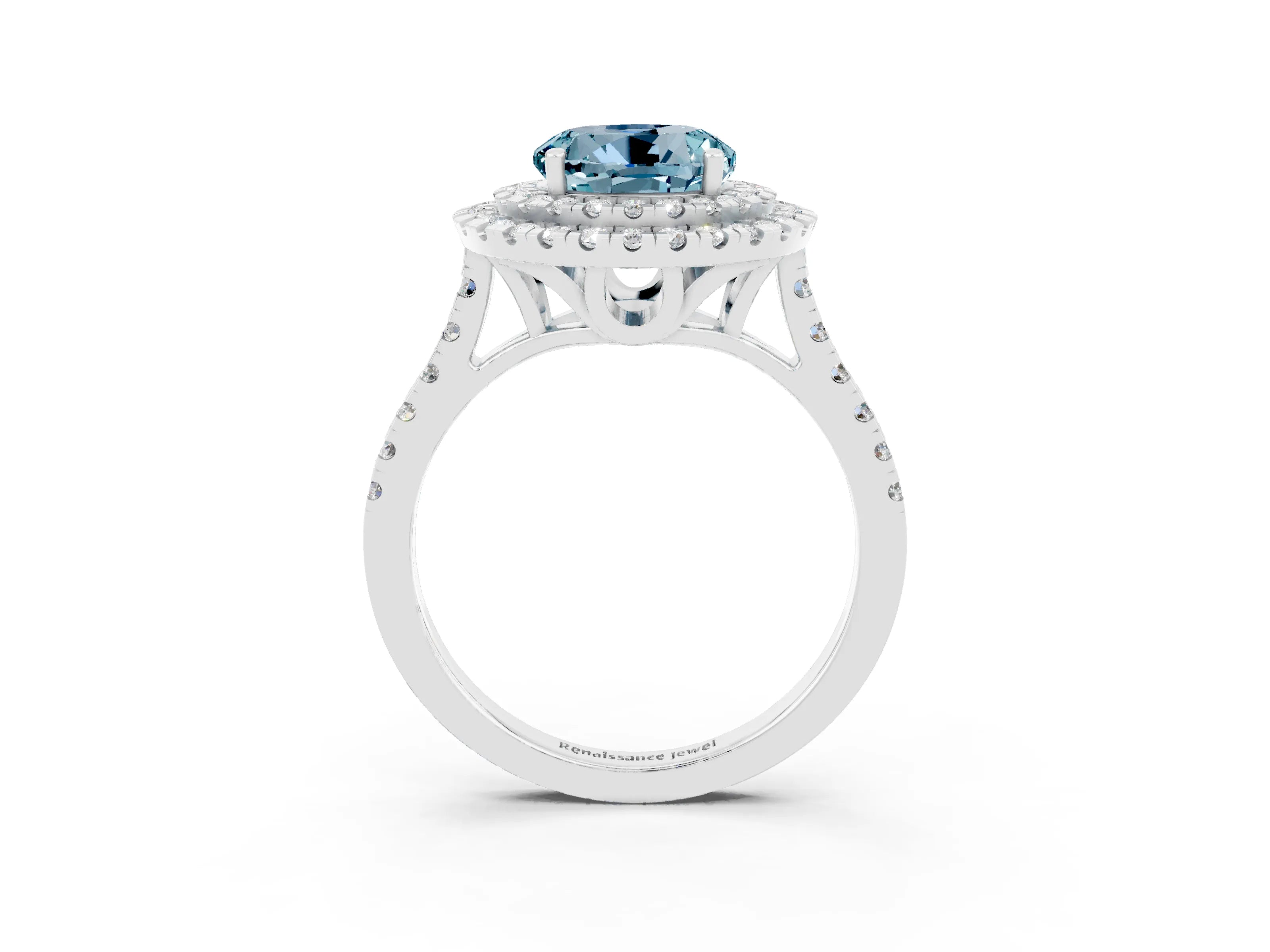 White gold Double Halo Round Cut Aquamarine Pavé Band with Four-Prong Setting_3