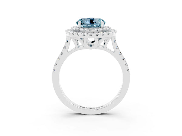 Silver Double Halo Round Cut Aquamarine Pavé Band with Four-Prong Setting