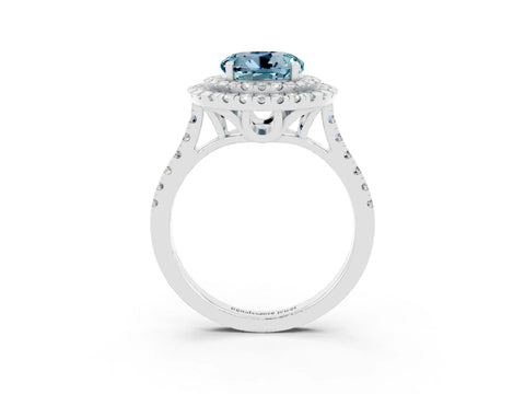 White gold Double Halo Round Cut Aquamarine Pavé Band with Four-Prong Setting_3