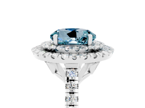 White gold Double Halo Round Cut Aquamarine Pavé Band with Four-Prong Setting_5