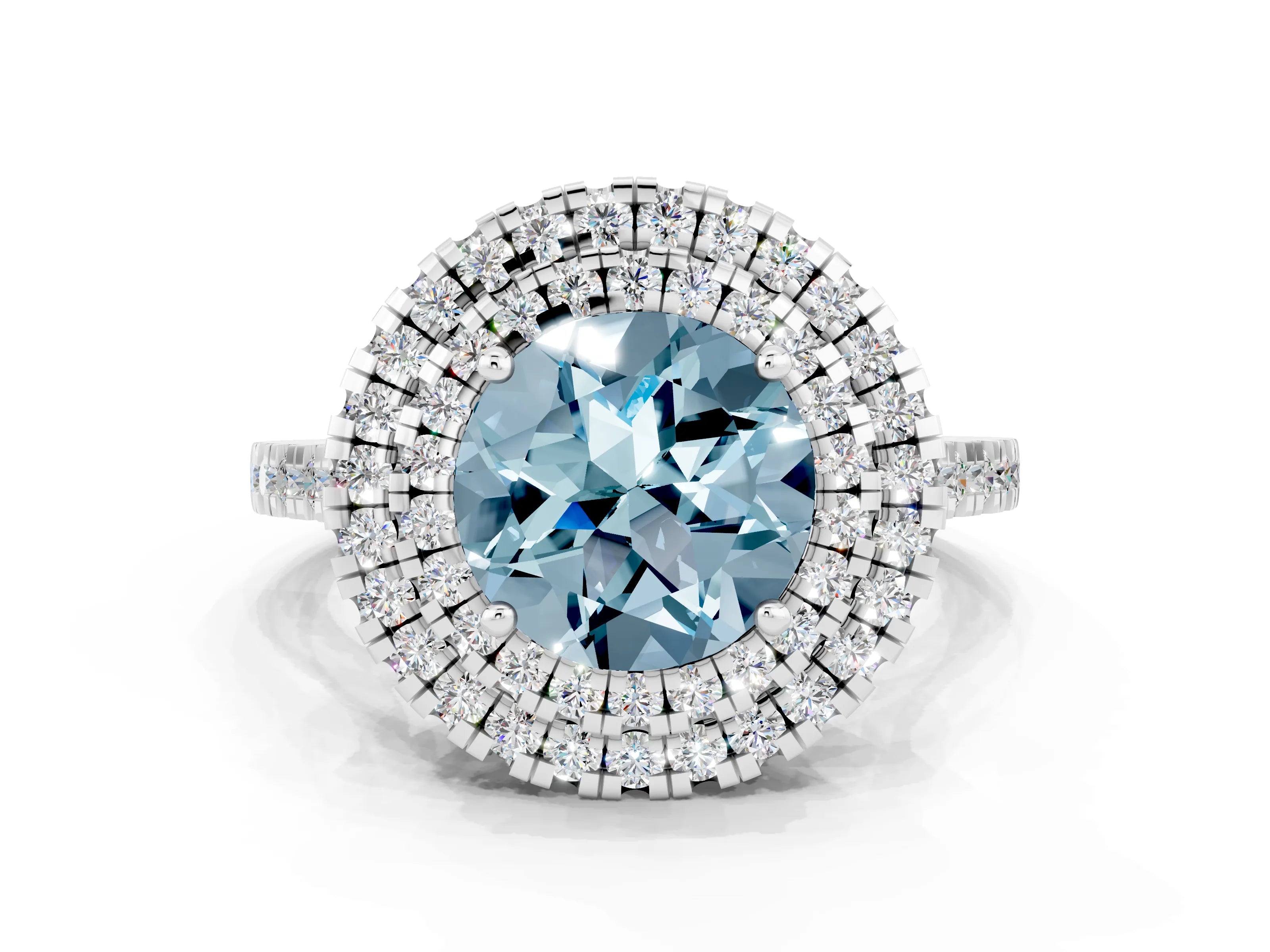 White gold Double Halo Round Cut Aquamarine Pavé Band with Four-Prong Setting