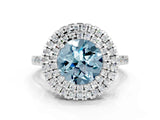 White gold Double Halo Round Cut Aquamarine Pavé Band with Four-Prong Setting