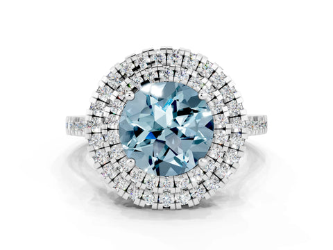 White gold Double Halo Round Cut Aquamarine Pavé Band with Four-Prong Setting